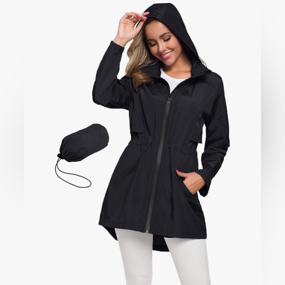 Women's Long Raincoat with Hood Lightweight Rain Jacket Waterproof